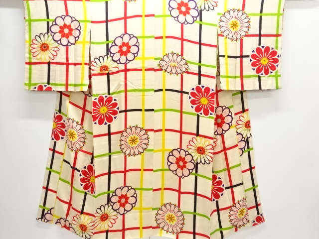 JAPANESE KIMONO / ANTIQUE BROCADE KIMONO FOR SUMMER CHECKERED / FLORAL
